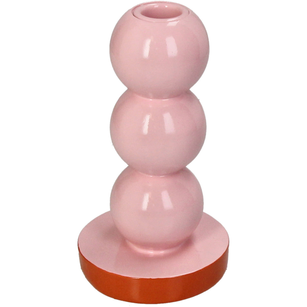 Rückseite des Pinken Kerzenständers aus drei gestapelten Kugeln auf denen rote smileys mit Herz-förmigen Augen sind
