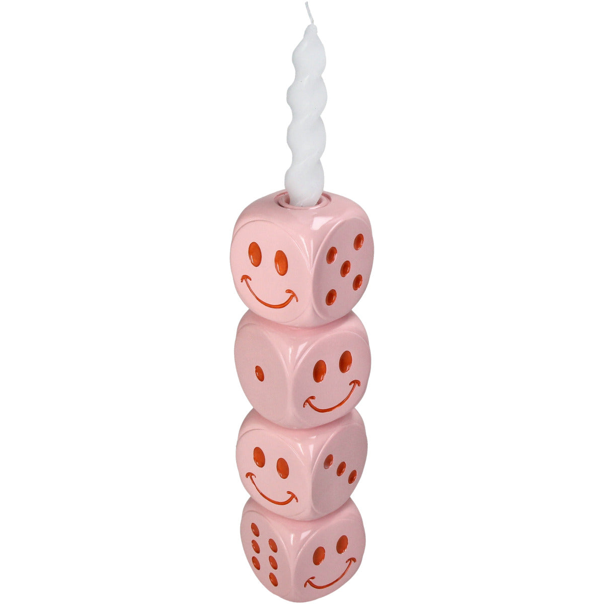 Pinker Kerzenständer aus gestapelten Würfeln auf denen Punkte und Smiley zu sehen sind. und eine Weiße befestigte Stabkerze