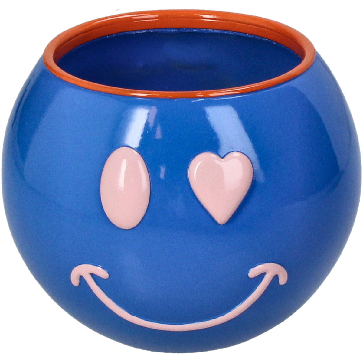 Blauer ründlicher Blumentopf mit rotem Rand mit einem Smiley in Pink