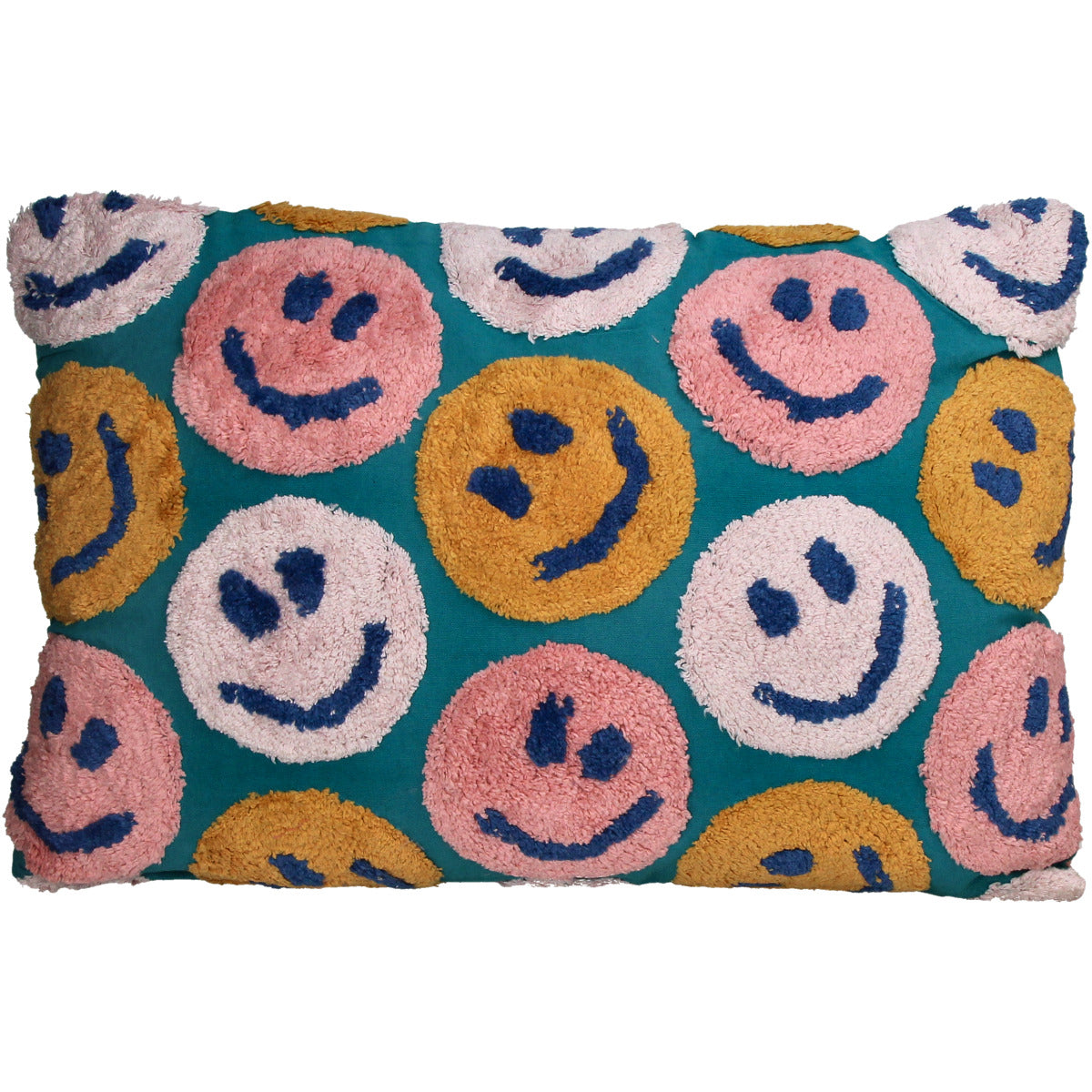 Deko Kissen mit Türkisem Hintergrund und Pink, orange und Sand farbigen Smileys