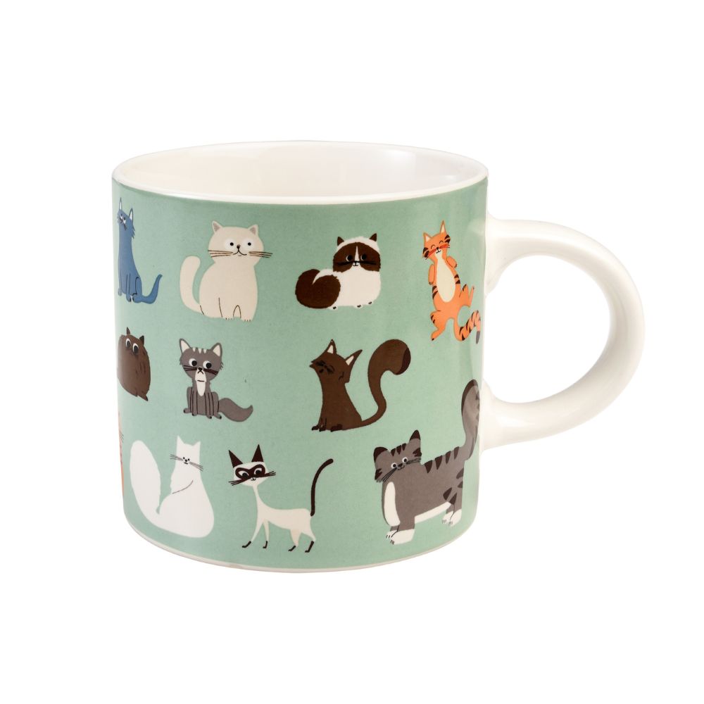 Mintgrüne Keramik Tasse mit vielen verschiedenen Katzen auf gedruckt, Katzen in verschieden Formen und Farben und mit verschiedenen Gesichtausdrücken und Emotionen