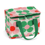 Kühltasche mit rosanen und grünen Runden gänseblümchen, typisches 60s Muster, schöner Farbkontrast, dunklegrüner Reißverschluss und Tragegriff