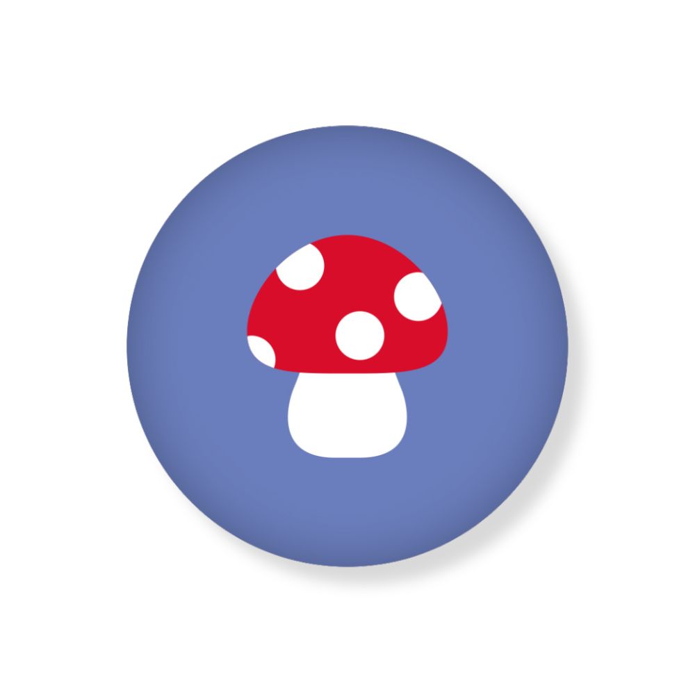 Runder Magnet mit lila hintergrund und einem Glückspilz Motiv