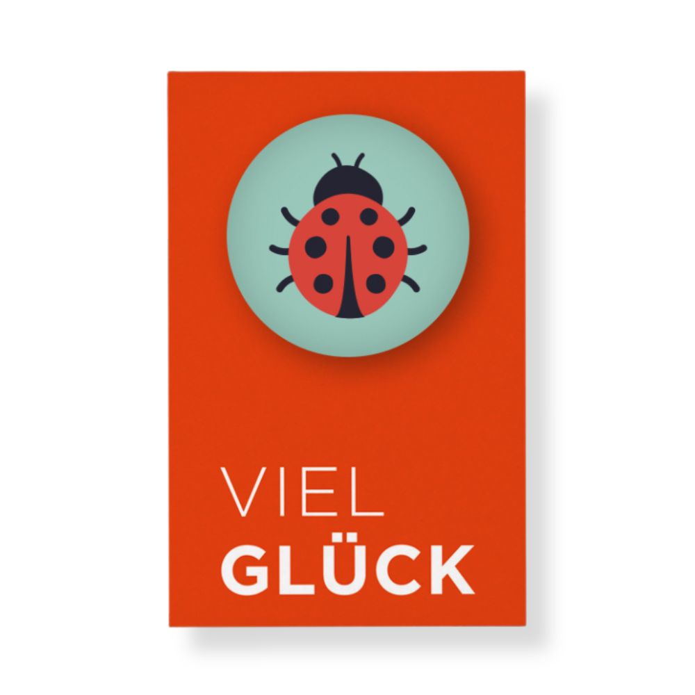 orangene Postkarte mit Schrift "Viel Glück" mit Magnet mit Marienkäfer Motiv
