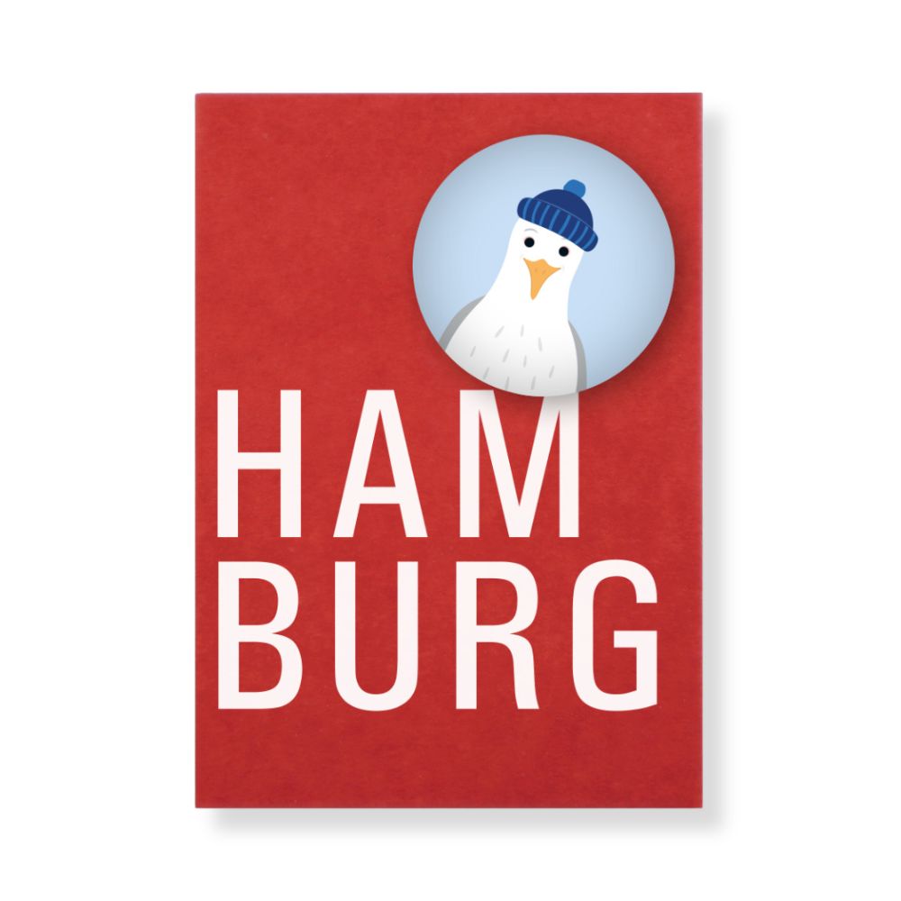 Rote Postkarte mit Schrift "HAMBURG" mit Magnet mit Möwen Motiv