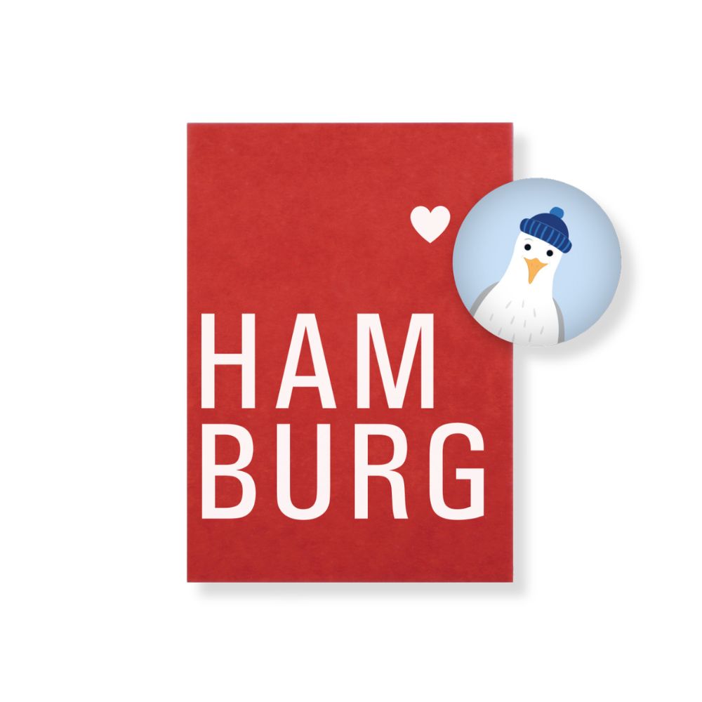 Rote Postkarte mit Schrift "HAMBURG" mit Magnet mit Möwen Motiv