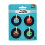Kleines Set, vier kleine Magnete 4 x4 x 0,2 cm, Magnete in Form von Vinyl Records beziehungsweise Schallplatten, Mitte der Schallplatten in verschiedenen Farben (Blau, Rot, Braun, Grün), Mitte jeweils individuell illustriert, gebunden auf türkisem illustr