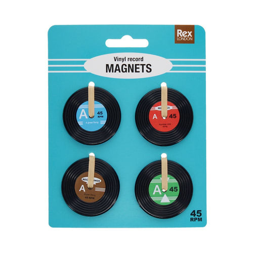 Kleines Set, vier kleine Magnete 4 x4 x 0,2 cm, Magnete in Form von Vinyl Records beziehungsweise Schallplatten, Mitte der Schallplatten in verschiedenen Farben (Blau, Rot, Braun, Grün), Mitte jeweils individuell illustriert, gebunden auf türkisem illustr