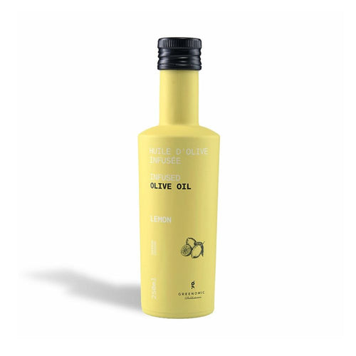 Oliven Öl mit Zitronen infused in einer Gelben Keramikflasche 250ml von Greenomic