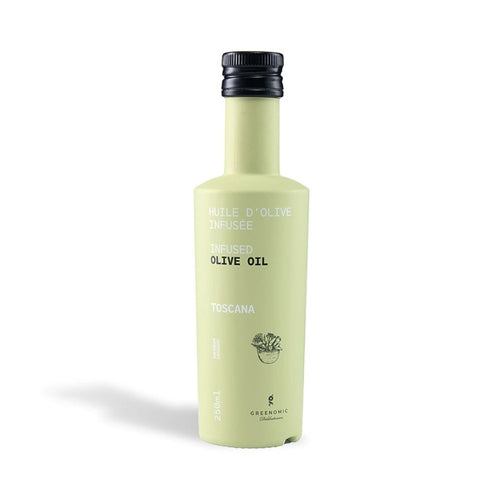 Oliven Öl mit Toscana Geschmack infused in einer hell gelben Keramikflasche 250ml von Greenomic