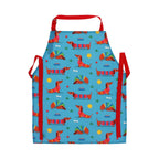 Kinder Schürze mit verschiedenen kleinen Dackeln, am schlafen und am spielen, kleine sonne und rasen Texturen auf hell blauem hintergrund, rote Bänder zum befestigen der Schürze