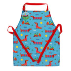 Kinder Schürze mit verschiedenen kleinen Dackeln, am schlafen und am spielen, kleine sonne und rasen Texturen auf hell blauem hintergrund, rote Bänder zum befestigen der Schürze