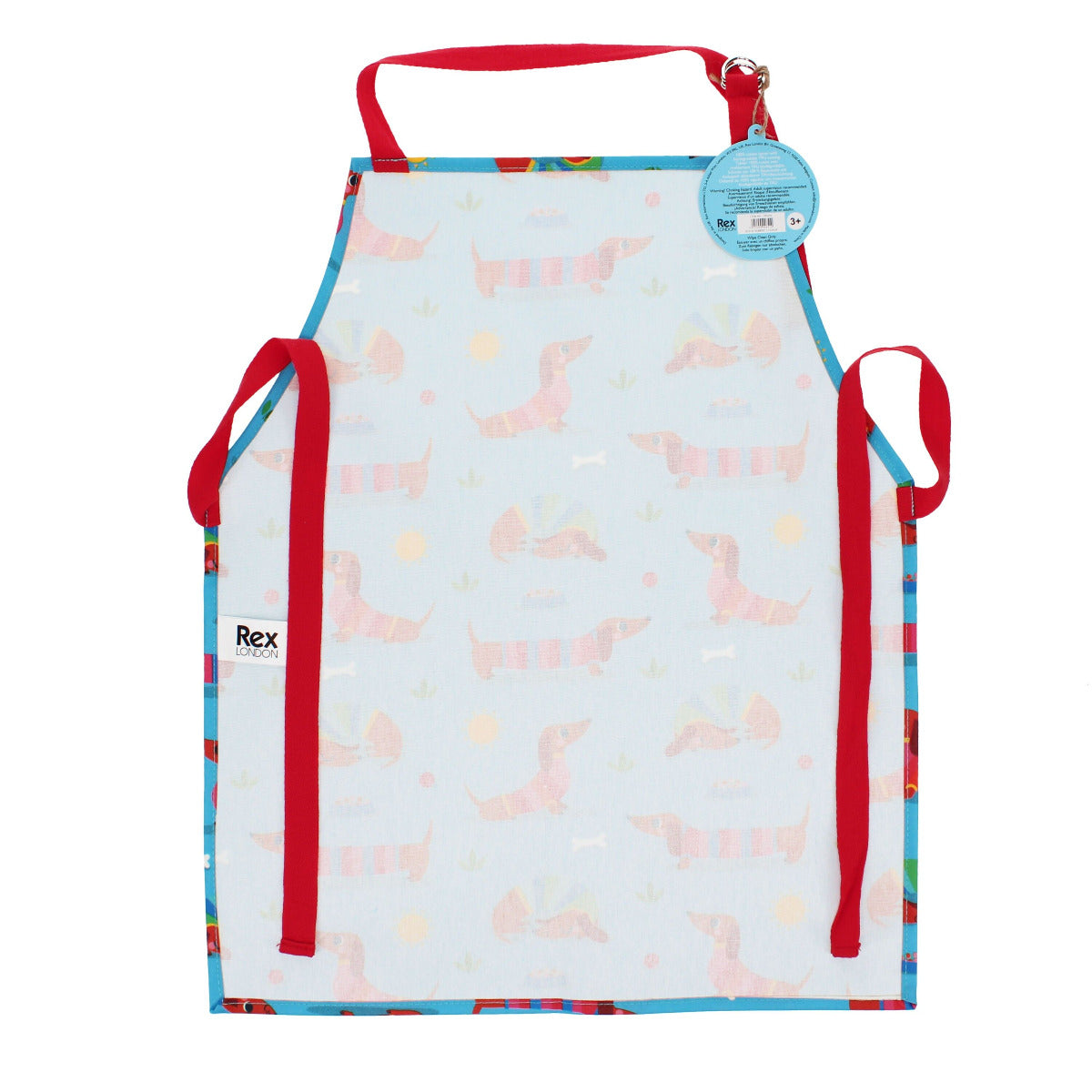 rückseite der hellblauen kinder schürze mit dackel motiven