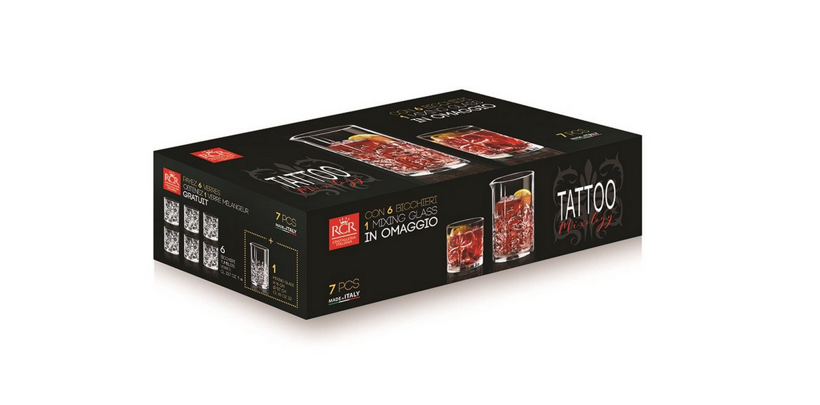 Verpackung der Sechs Tattoo Cocktail Gläser und ein Misch Glas