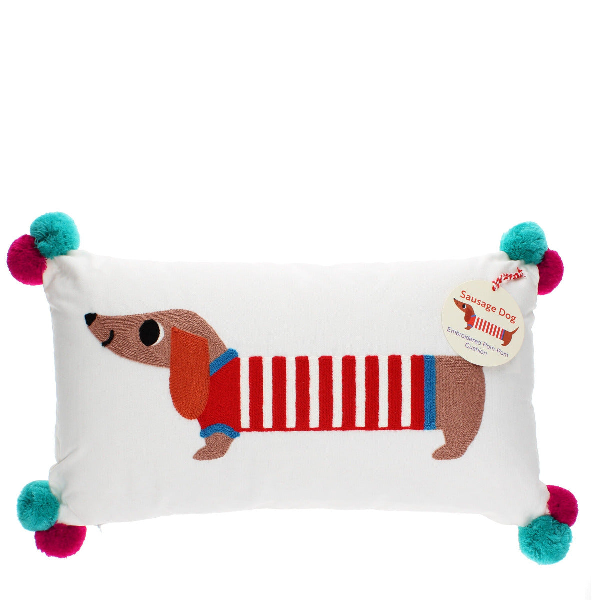Besticktes weißes Zierkissen mit Dackel motiv und roten und grünen pom poms befestigt an den ecken des Dekokissens
