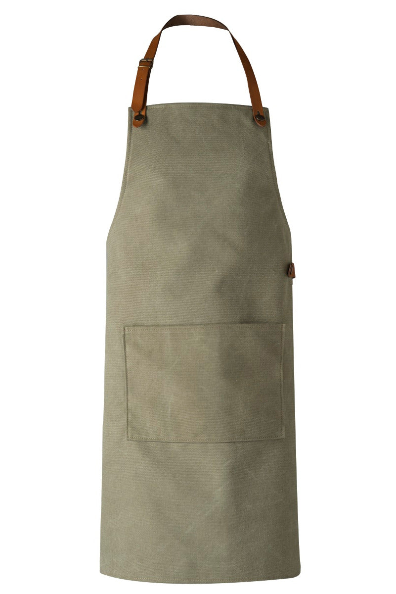 Lange, kamelfarbene Küchenschürze aus Canvas mit braunen Lederträgern