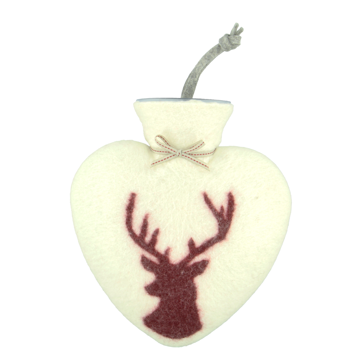 Herzförmige Wärmeflasche mit einem Weiß farbigen Bezug und einem dunkelroten Hirschkopf Motiv