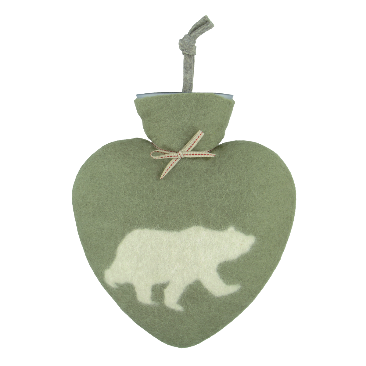 Herzförmige Wärmeflasche mit einem jade farbigen Bezug und einem weißen Bär Motiv