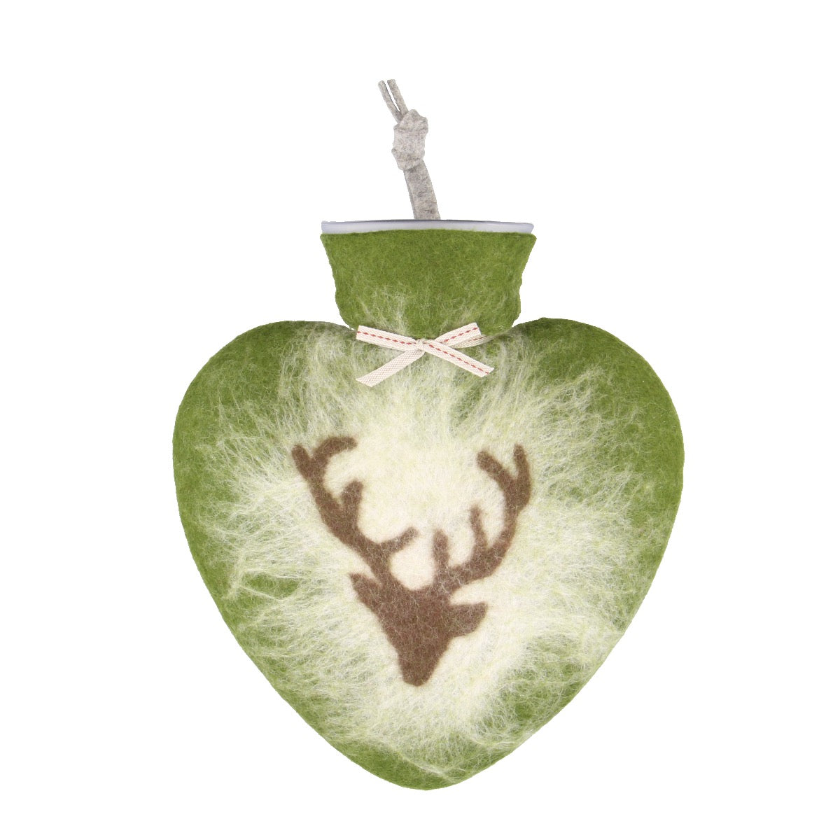 Herzförmige Wärmeflasche mit einem grünen Bezug und einem braunen Hirschkopf Motiv und einem weißen gradienten zum grünen