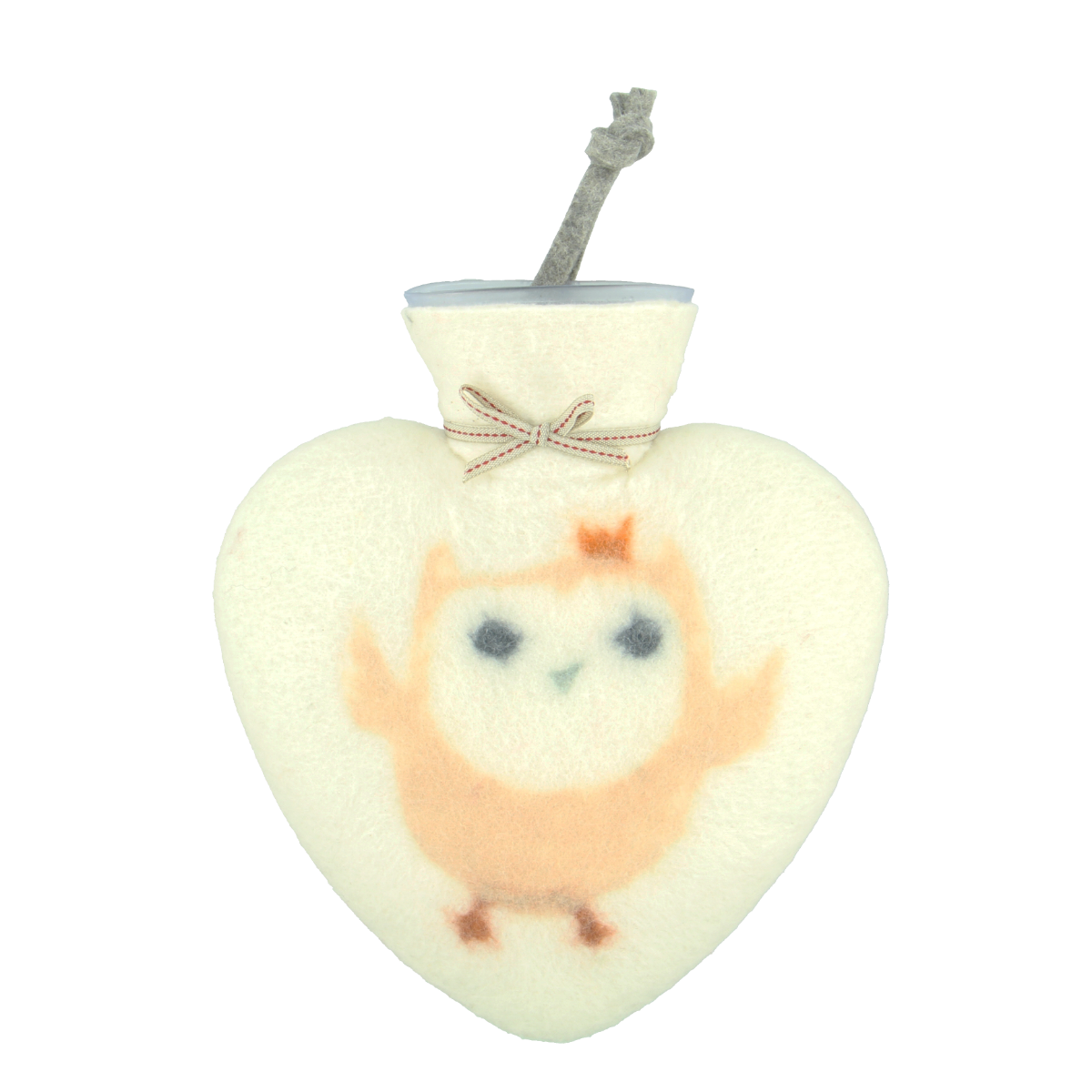 Herzförmige Wärmeflasche mit einem woll-weißen farbigen Bezug und einem gelben Eulen Motiv