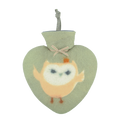 Herzförmige Wärmeflasche mit einem powdered grünen Bezug und einem gelben Eulen Motiv