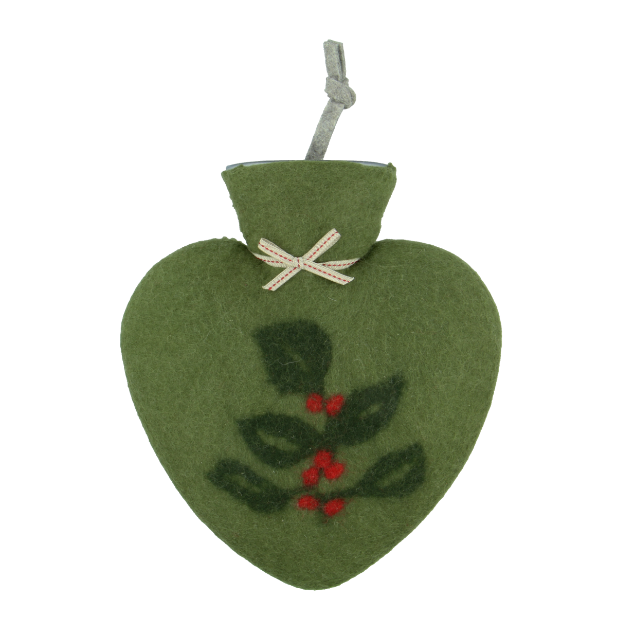 Herzförmige Wärmeflasche mit einem grünen Bezug und einem dunkelgrünen Ilex Motiv mit roten Beeren