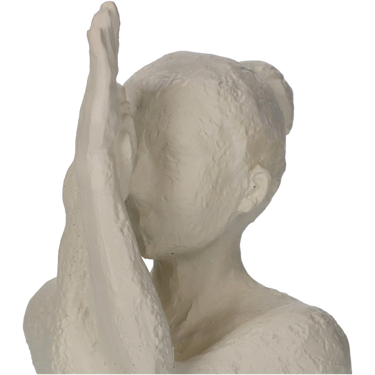 Nahaufnahme des Kopfes der Skulptur/ Figur in Form einer Frau, die eine Yoga Pose (Garudasana (Adler-Pose)) einnimmt