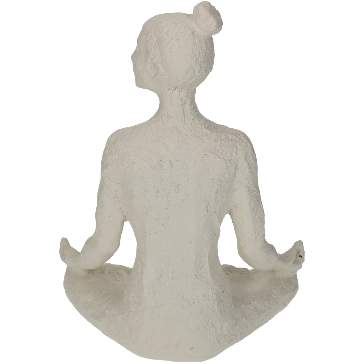 Rückseite der Skulptur/ Figur in Form einer Frau, die eine Yoga Pose (Sukhasana) einnimmt