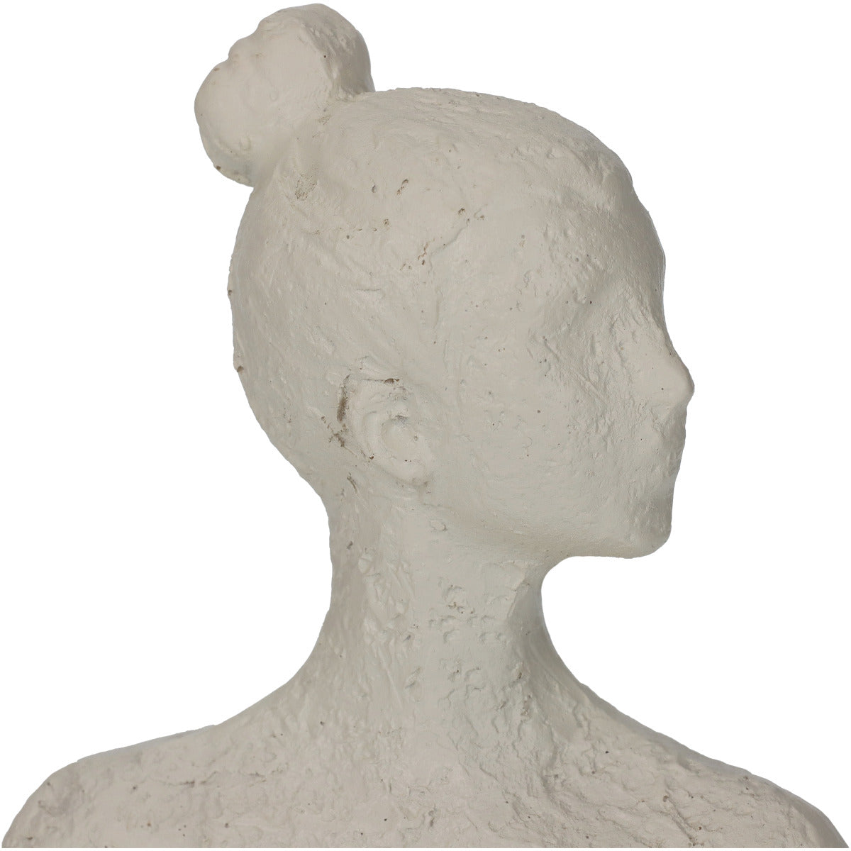 Nahaufnahme des Kopfes der Skulptur/ Figur in Form einer Frau, die eine Yoga Pose (Sukhasana) einnimmt